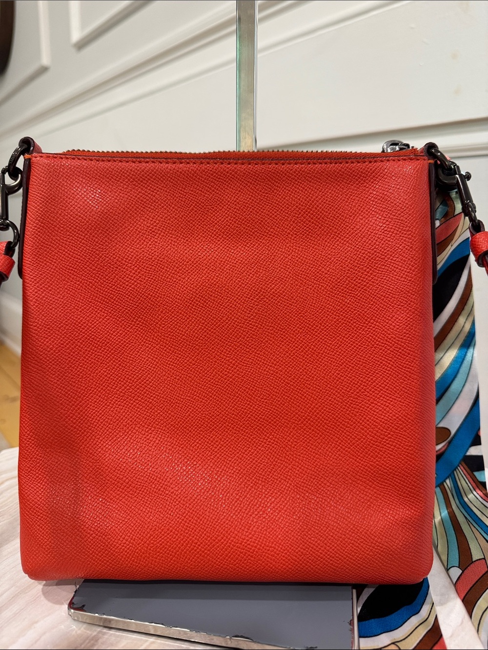 Coach Bag Kitt Orange Rusted Red Leather Crossbody with Patterned Scarf - Picture 8 of 17